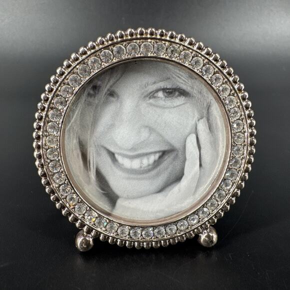 Miniature Round Round Rhinestones Jeweled Silver Tone Metal Picture Frame 2.25” - Picture 1 of 9